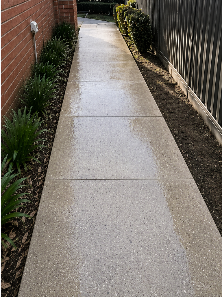 After pressure washing: bright clean concrete path beside a brick home