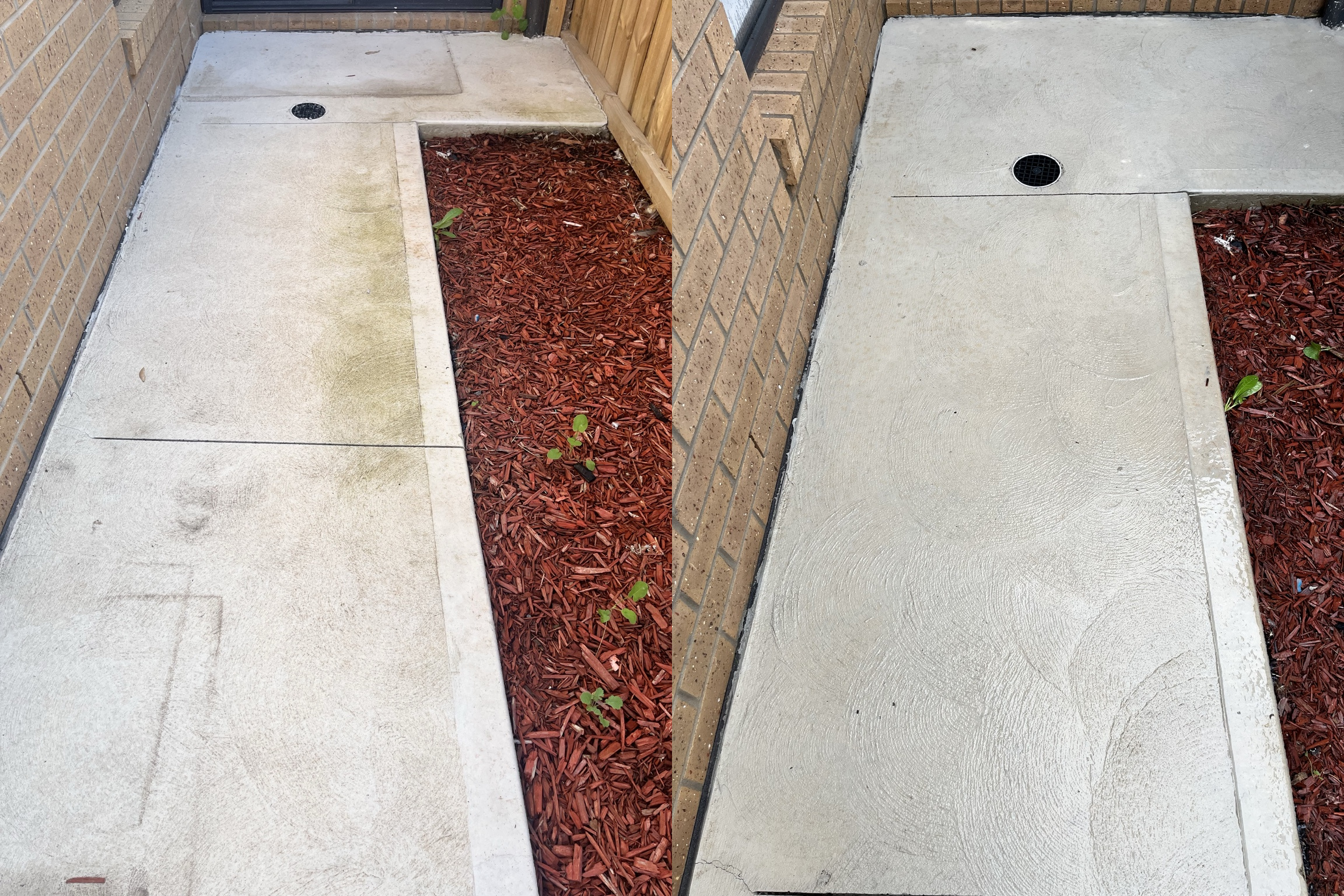 Before and after pressure washing a residential concrete entry path beside brick walls