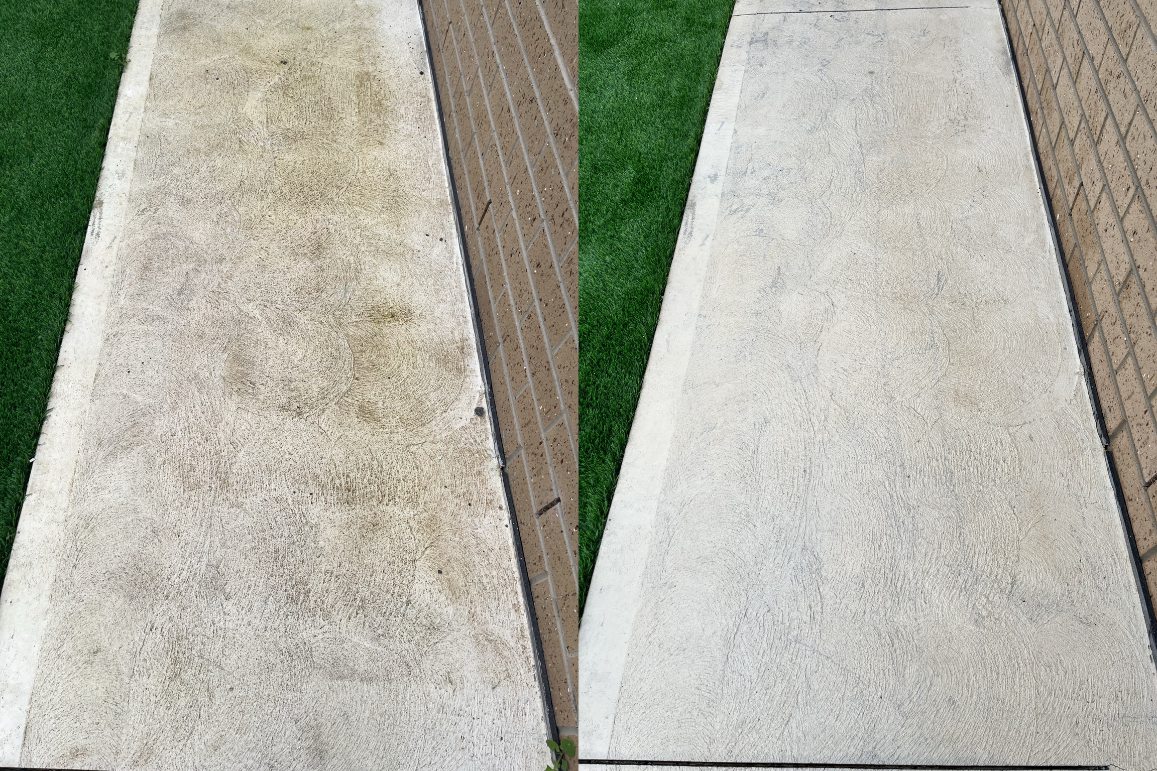 Before and after pressure washing a narrow residential concrete side path beside a brick wall