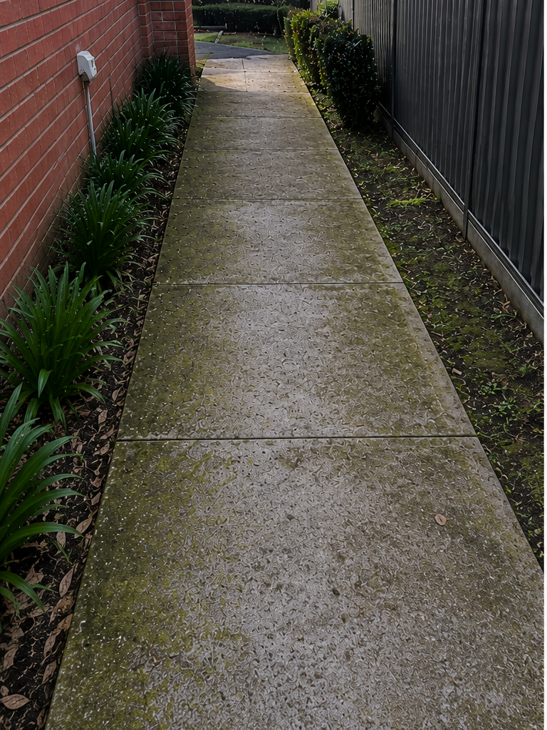 Before pressure washing: algae-stained concrete path beside a brick home