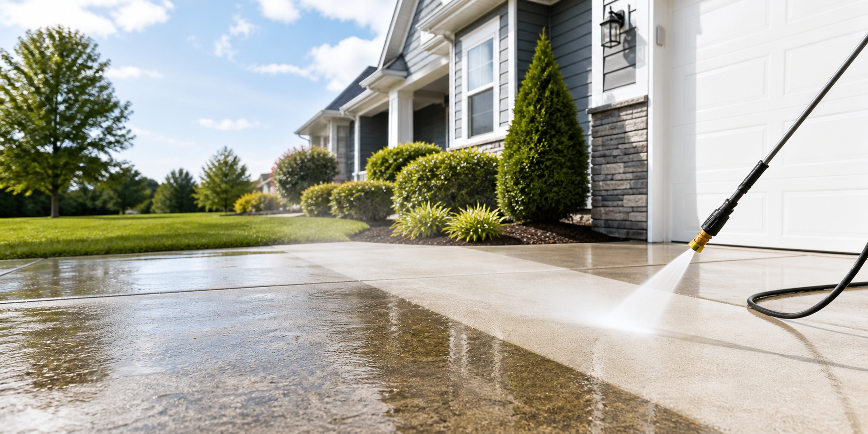 Pressure washing a residential driveway with clean concrete contrast and water spray